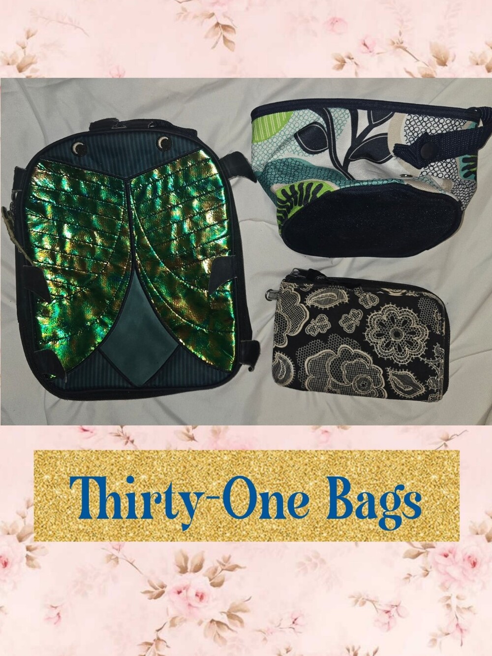 Thirty-One Green Iridescent Travel Bag Lot  Three Piece